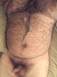 As he requested, my load all over his furry belly.  Ah, Baltimore!