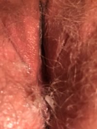 Wife's hairy creamy pussy after fucking