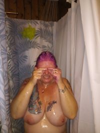 Shower time and dyeing my hair. My husband couldn't resist getting a couple...