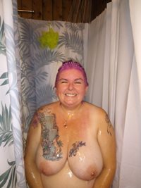 Shower time and dyeing my hair. My husband couldn't resist getting a couple...