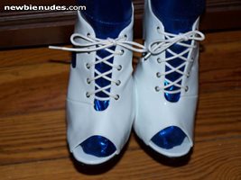 blue spandex thigh highs, and sexy white heels