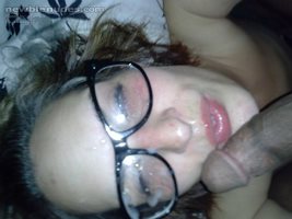 SHE CAME IN THE ROOM WITH THESE GLASSES ON THAT WERE CUM STAINED FROM 3 WEE...